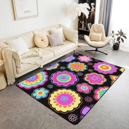 Erosebridal Groovy Flower Power Area Rug 3x5 Girls Neon Purple Black Vintage Floral Rug Hippie Aesthetic Psychedelic Botanical Non Shedding Indoor Floor Mat for Living Room