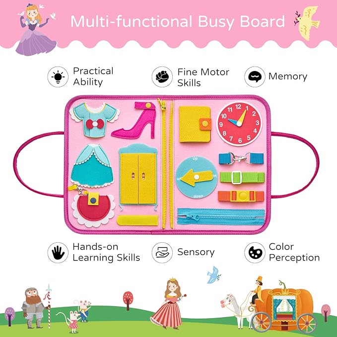 Freebear Busy Board, Toddler Travel Toys, Sensory Toys for Toddlers 2 3 4, Montessori Learning Toys for Toddlers Activities Board, Educational Toys for 2 3 Year Old Boys Girls Gift, Princess Medium