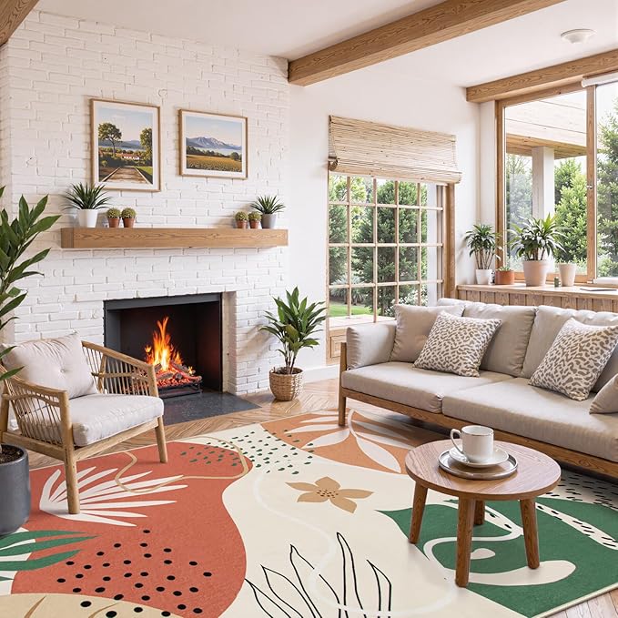 Lahome 8x10 Rugs for Living Room, Bedroom Rug 8x10 Under Bed Soft Kids Nursery Carpet, Boho Botanical Print Non-Slip Low Pile Carpet for Dining Room Office Playroom, Coral