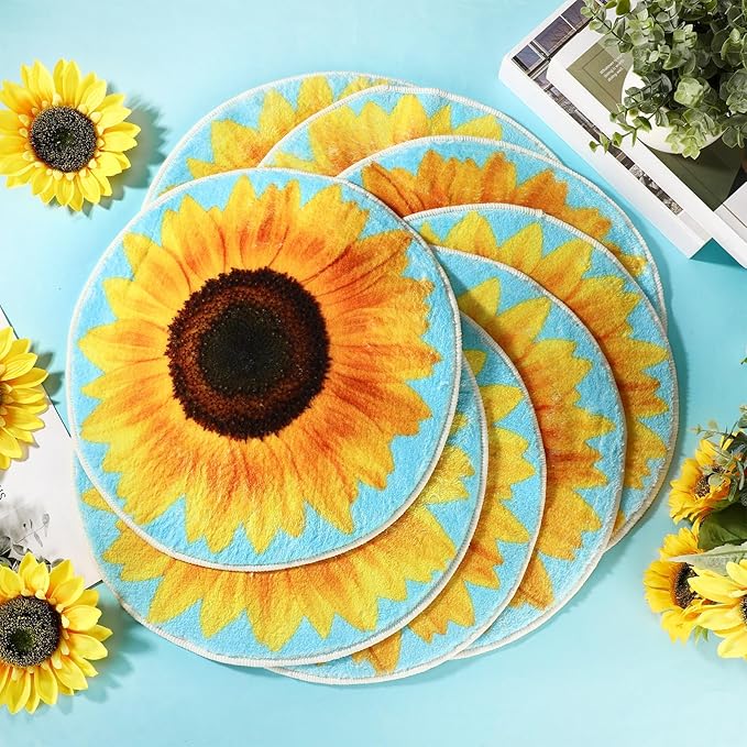 8 Pcs Classroom Carpet Kids Rug 15 x 15 Inch Back to School Supplies Round Non Slip Mat for Nursery Kindergarten Playroom Bedroom(Sunflower)