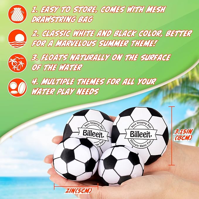 4Pcs Water Skipping Balls for Pool Play(Soccer Theme), Water Pool Beach Swim Toys for Kids Ages 4-8, 8-12 and Adults, Include 2 Balls and 2 Discs