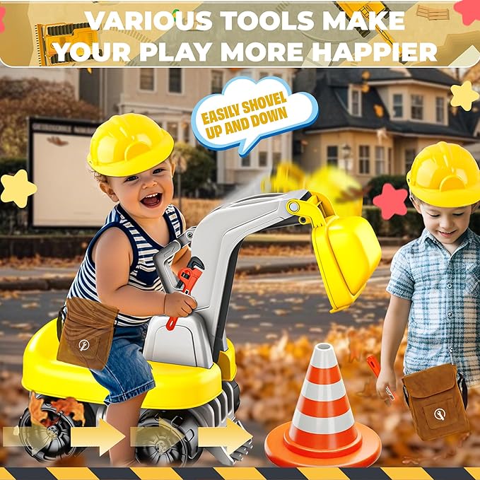 BELLOCHIDDO Ride-On Excavator Toy with Safety Helmet & Tool Kit - Toddler Beach Toy Sand Play Set Kids Excavator, Pretend Construction Set with Tools, Outdoor Learning Toys for Boys Girls