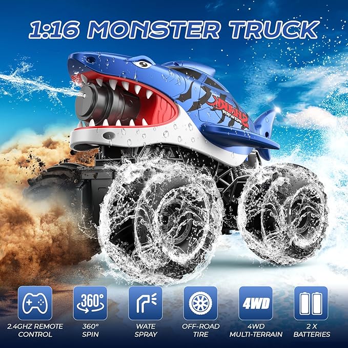 MUYOLO Amphibious Remote Control Car- 2.4GHz Shooting Waterproof RC Monster Truck, 4WD All-terrian Off-Road Water Tank Pool Toy Outdoor Summer Gifts for Kids Boys/Girls Age 6+
