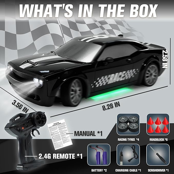 SANCO 1:20 RC Drift Car - 2.4G Drifting Car with Dual Tire System & LED Lights, 20+KM/H, 50-Minute Playtime, Racing Toy Remote Control for Adults Boys Girls 2pcs Rechargeable Batteries （Black）