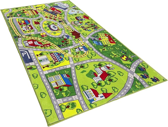 Booooom Jackson Kids Play Mat - Soft, Non Slip Race Car & Train Rug, Washable Area Rug for Bedroom, Playroom, Preschool