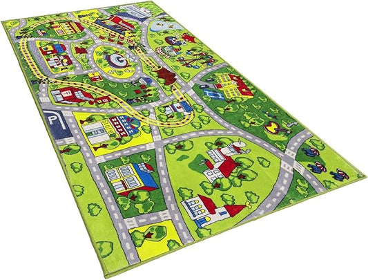 Booooom Jackson Kids Play Mat - Soft, Non Slip Race Car & Train Rug, Washable Area Rug for Bedroom, Playroom, Preschool