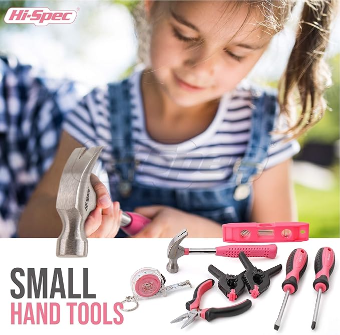 Hi-Spec 18pc Pink Kids Tool Kit Set & Child Size Tool Bag. Real Kit for DIY Building, Woodwork & Construction
