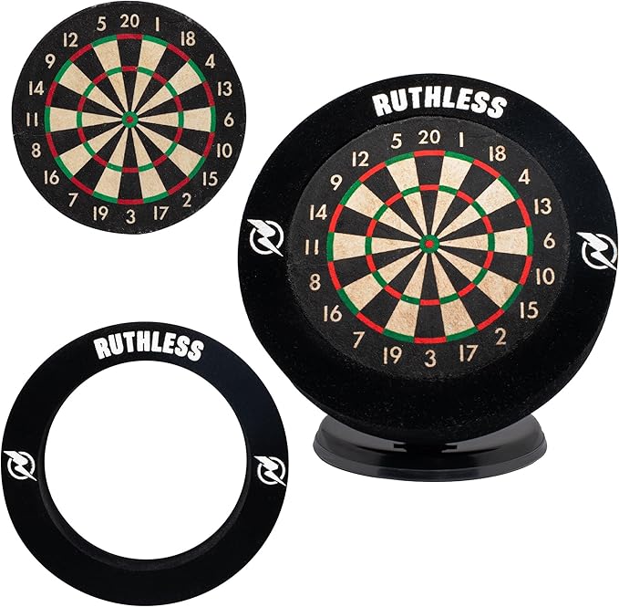 Ruthless Miniature Desk Top Dart Board Set for Home and Office - Includes Mini Steel Tip Darts, Choice of Surround and Mouse Mat