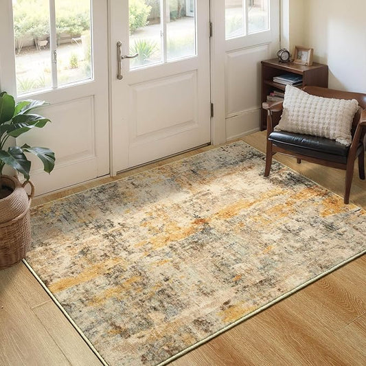 Entryway Rug 3x5 Beige Bedroom Area Rug Washable Non Slip Abstract Boho Rugs for Indoor Entry, Kitchen, Classroom, Bathroom, Kids Girls Room, Office, College Dorm Small Carpet