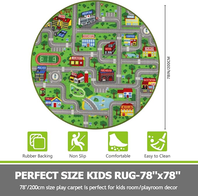 Capslpad Green Car Road Kid Rug Carpet Playmat for Playoom Traffic Road Kids Play Mat for Toddler Non Slip Washable City Map Race Track Carpet Rug for Kids Room Bedroom Nursery Room Decor,6.6'x6.6'