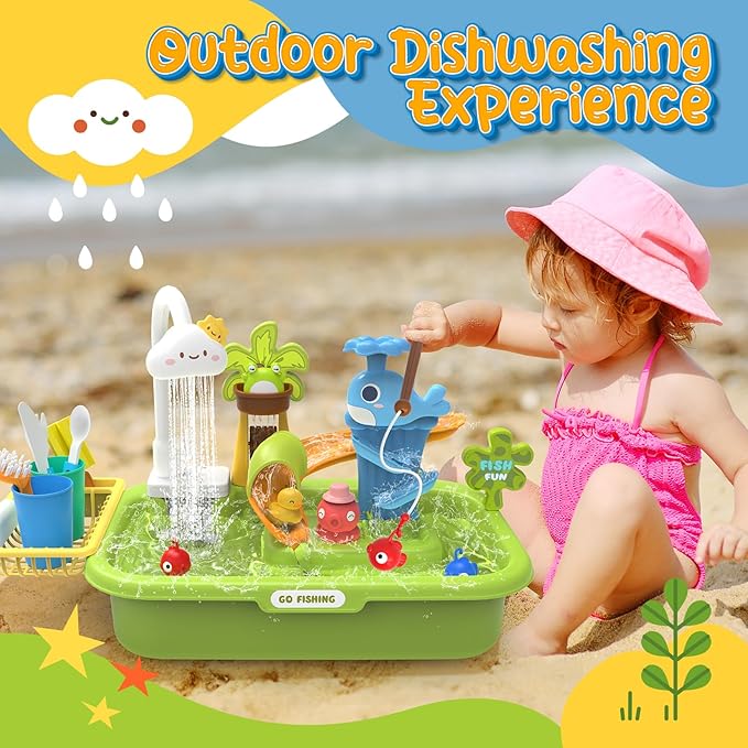 Play Sink with Running Water, 4-in-1 Kids Kitchen Sink Toys with Electric Faucet, Water Table Floating Pool Toy w/Fishing Game, Duck Slide, Pretend Play Dishwasher Set for Toddler Boys Girls (Green)