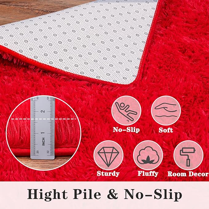 Super Fluffy 8x10 Rugs for Living Room, Modern Shag Red Area Rugs, Soft and Cozy Plush Large Under Bed Carpet for Kids, Girls Boys and Teens Decorations for Bedroom Dorm Nursery Classroom