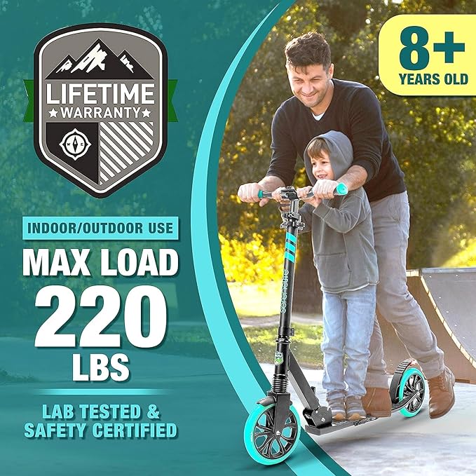 SereneLife Kick Scooter Adult Teenagers Kids- 2 Wheel Kids Scooter with Adjustable T-Bar Handlebar - Alloy Anti-Slip Deck - Portable Folding Scooters for Kids with Carrying Strap