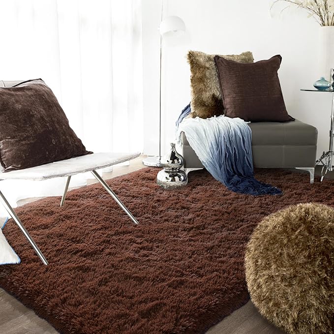 Ompaa Fluffy Area Rugs, Super Soft Shaggy Rug Fuzzy Long Fur Carpets for Bedroom Living Room Decor, 5 x 8 Feet Brown