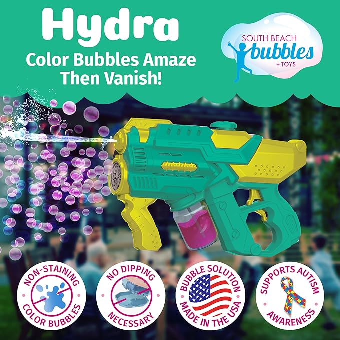 PoppinColorz Hydra Rechargeable 2-in-1 Color Bubbles Blaster & Water Gun:2025 Toy of The Year Finalist. 2X Color Bubble Liquid & 4X Clear No-Spill. Bubble Solutions for Toddlers. Bubbles Made in USA.
