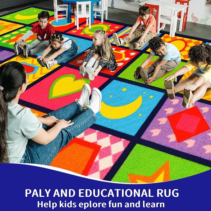 Classroom Carpets Kid Rug 7.7'×13.3', Extra Large 24-Seat Shape Rug for Kindergarten Primary School, Preschool Mat for Classroom Learning Area, Nylon Non-Slip Latex Backing 157"×91"