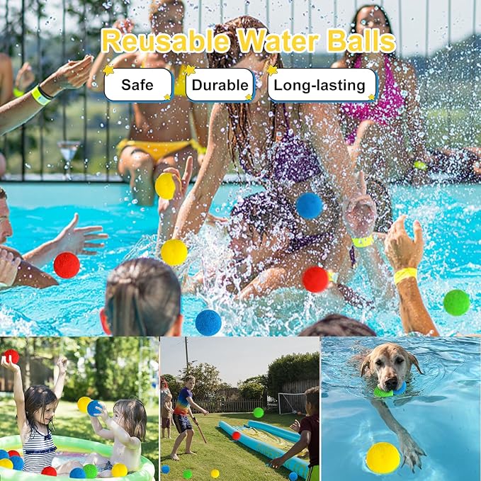 DIYASY 96 Pcs Reusable Water Balls, Sponge Soaker Balls Water Balloons for kids Outdoor Games Toys Summer Backyard Outside Pool Party Fun Adults Boys Girls
