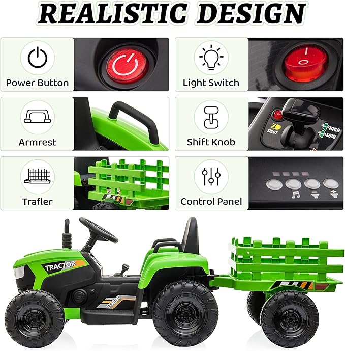 TOBBI Kids Electric Ride On Toy Tractor, 12v Battery-Powered 4 Wheels Ride On Car with Trailer, 35W Dual Motors/3-Gear-Shift/LED Lights/USB Audio Functions for Toddlers 3-6 Years-Green