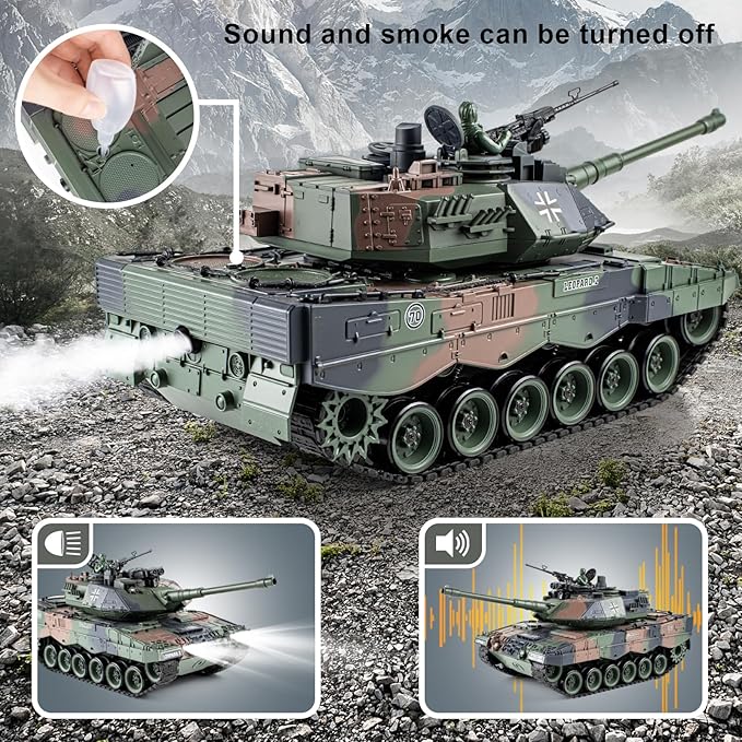 1:18 RC Tank, 2.4Ghz German Leopard II Remote Control Model Toys, Battle Army Tank 15 Channel with Smoke Light and Sound, Military Toy for Adults and Kids That Shoots BBS and Water Bombs