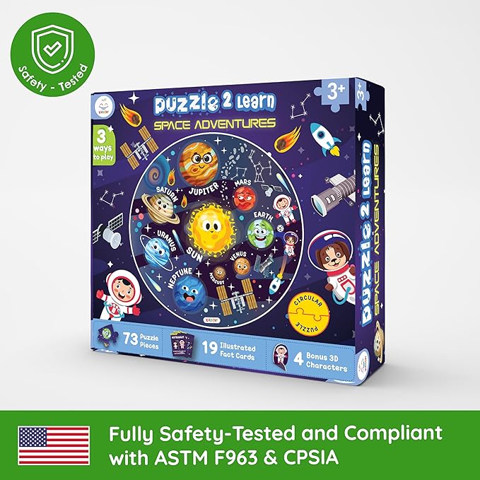 Jumbo 70 Piece Round Floor Puzzles for Kids Ages 3-5, 6-8, Large Jigsaw Puzzle with Solar System and Planets, Educational Flash Cards and 3D Figures Educational Gift