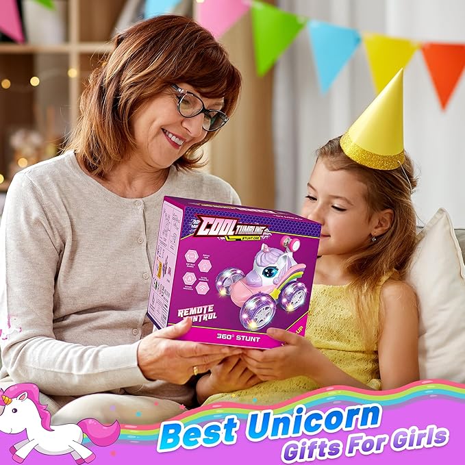 Carsky Unicorn Remote Control Car for Girls,360°Stunt RC Cars Rotation 4WD Remote Cars with LED Lights,Fun Indoor Outdoor Toys for Kids,Chritmas Easter Birthday Gift for 3 4 5 6 Year Old Girl
