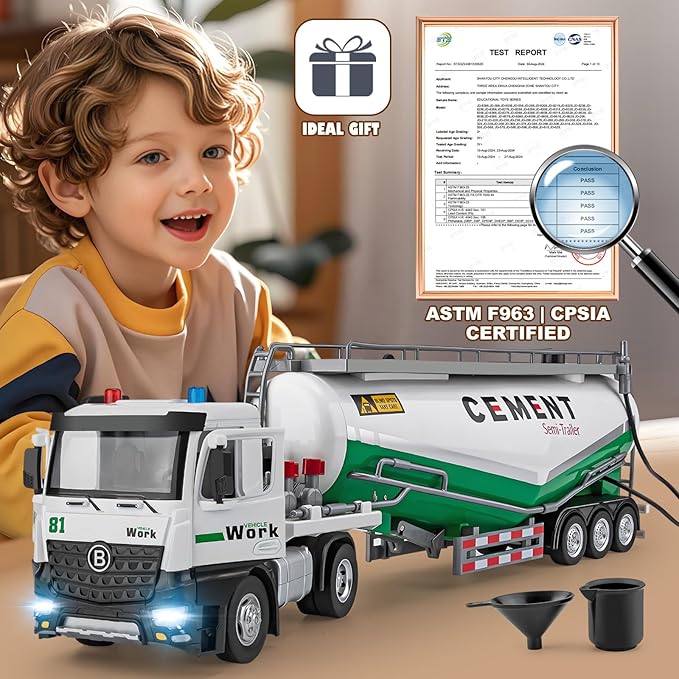 Semi Truck Toy for 3 4 5 6 7 Years Old Boys Toddlers, Large Tanker Truck with Metal Cab, Lights and Sounds, Working Water Pump, Friction Powered Tractor Trailer Car for Kids,18.2"