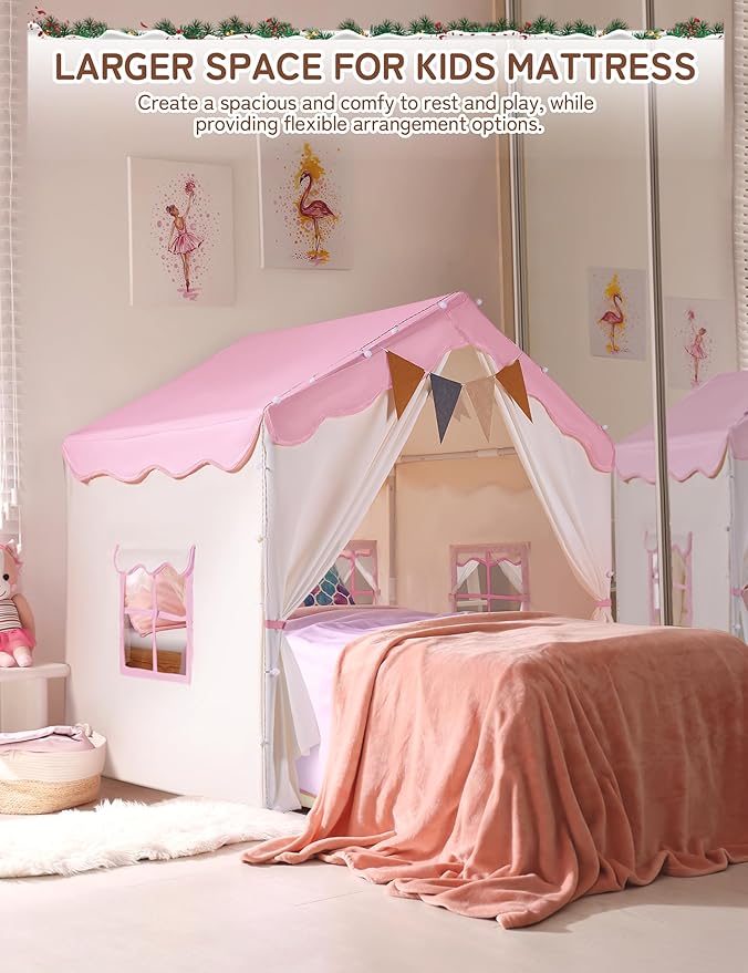 Besrey Kids Playhouse 2 in 1 With Padded Mat and Lights - Large Tent With 2 Doors & 4 Windows for Indoor & Outdoor Use - Christmas Toddler Gift, 51" x 35" x 51"