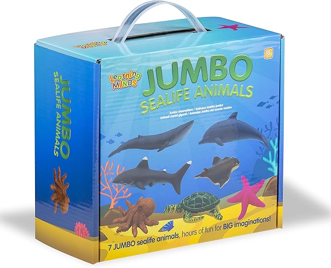 Learning Minds Jumbo Sea Animals - Set of 7 Educational Ocean Fish Toys for Kids - Shark, Whale, Dolphin, Octopus Animal Figures - Toy Fish & Sea Creatures for Toddlers - Age 18 Months +