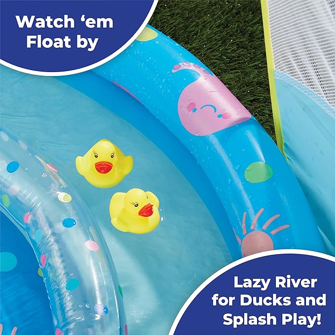 SunSmart Lazy River Kiddie Pool with Two Toy Duckies, Inflatable Kids Pool with Removable UPF50 Sunshade Canopy, Heavy Duty Toddlers Pool