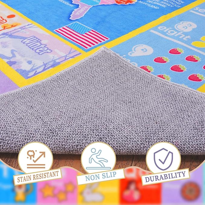 Kids Rugs for Playroom - Soft & Non-Slip 4x4 Feet Round Educational Rug for Learning ABC Alphabet, Numbers, Shapes & Map, Washable Classroom Rug for Toddler Nursery & Kids Room Decor