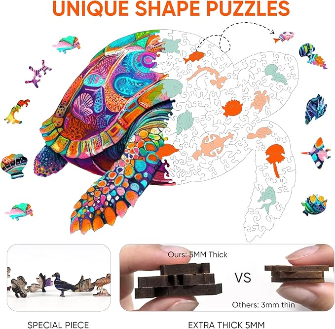 Colorful Turtle Puzzles for Adults 500 Pieces, 5MM Thick Wooden Jigsaw Puzzles, Unique Shape Puzzle Ocean Wood Puzzles for Adults and Kids Birthday Gifts Family Game 16.9 * 16.9inch