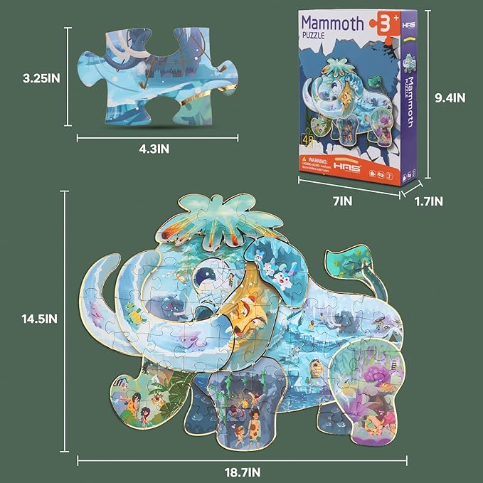 HAS Happiness and Surprise Floor Puzzles for Kids Ages 3-8, 48 PCS Double Sided Mammoth Elephant Shape Puzzle, Children Jigsaw Puzzles for Boys Girls Gifts