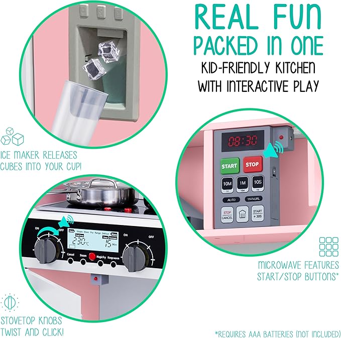 Lil’ Jumbl Kids Pink Kitchen Set, Pretend Wooden Play Kitchen, Battery Operated Icemaker, Microwave, Range Hood, Stove Top, Oven, with Realistic Sound & Lights, Pots, Pan, & Utensils Included