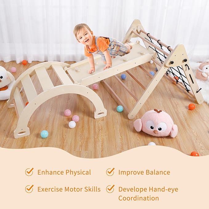 Toddler Indoor Gym Playset, 3-in-1 Wooden Climbing Toys, Triangle Folding Climbing for Climbing & Sliding for Boys and Girls,18M+