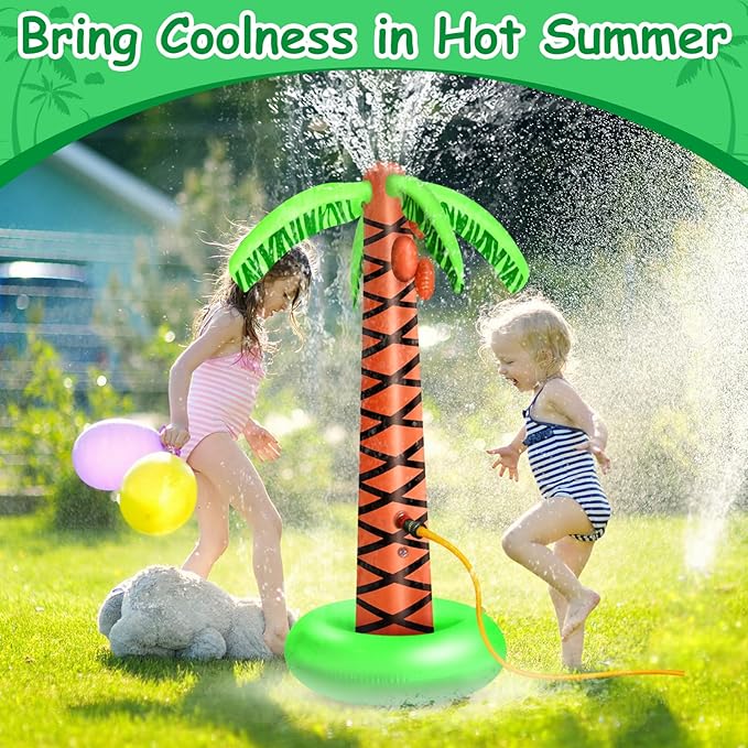 62" Inflatable Palm Tree Sprinkler, Summer Water Spray Toy with Stable Base – Outdoor Play for Backyard, Pool, Beach & Tropical Party Decorations