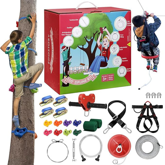 EDOSTORY 120 Feet Backyard Zip Line Kit for Kids and Adult Outdoor Up to 330lb Zipline with Spring Brake and Safety Harness with 4 Tree Climbers, Christmas and Birthday Gifts for Kids(Red)