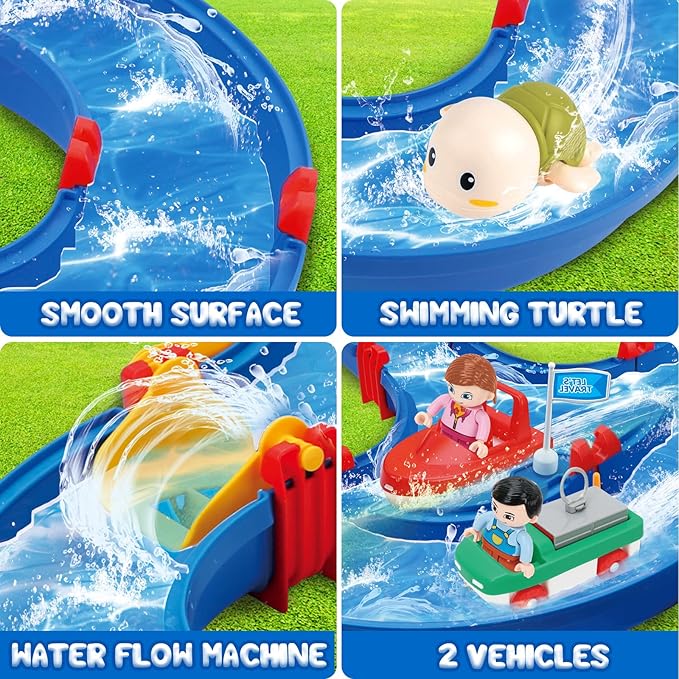 Upgraded Water Table for Toddlers 1-3 & Kids 4-8, Outdoor Water Play Activity Toys with Swimming Turtle, 2 Boats, Summer Beach Backyard Water Playset for Boys Girls