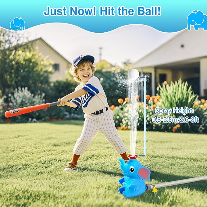 MoKo Water Sprinkler Baseball Toy for Kids Outdoor Play, 2 in 1 Baseball Water Games, 360° Rotatable Yard Sprayer Sprinkler, Toddler Outdoor Toys for Backyard Garden Lawn Pool, Blue Elephant