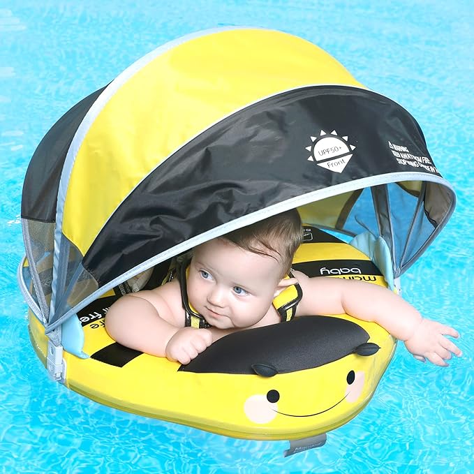 Mambobaby Float Add Tail Baby Swim Float with Canopy Solid Pool Infant Swim Trainer Swimming Training Lying Air Free Water Floats Non-Inflatable Waist Swim Ring for Toddlers (Bee)