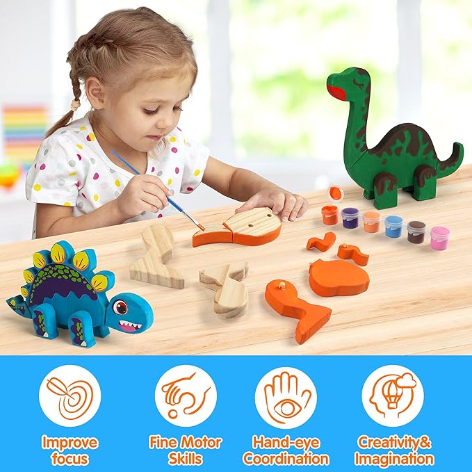 Mocoosy Wooden Dinosaur Painting Art Craft Kit for Kids 3-5, Wood Take Apart Dinosaur Snap Together Building Toy,Build Your Own Dinosaurs with Paint and Stickers STEM Game Creative Gift for Boys Girls