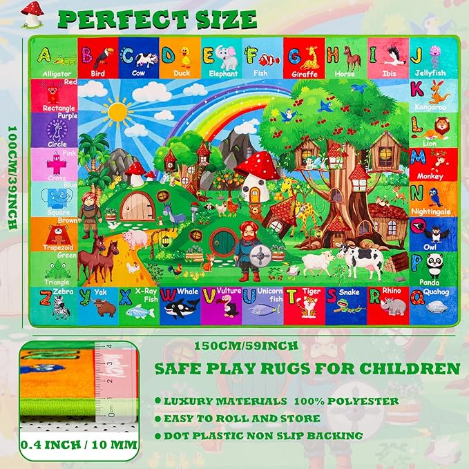 ABC Kids Rug for Playroom 59"×39.4" Hobbit House Educational Kids Playmat Alphabet Animal & Shape Learning, Premium Non-Slip Playmat for Toddlers Letters Farm Animals Color Classroom Carpet