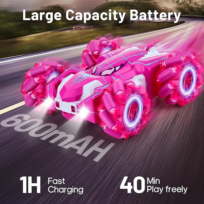 Remote Control Car for Boys 4-6,360° Rotating Double-Sided Rechargeable RC Stunt Cars with Cool Headlights,2.4Ghz 4WD Off-Road Racing Cars for Kids age 4 5 6 7 8 9 10 11 12 Chirstmas Gift (Pink)