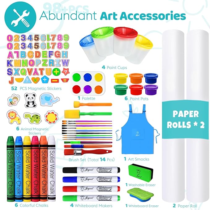 Joyooss Art Easel for Kids, Double Sided Wooden with 98+ Accessories Kids Easel Drawing Board with Magnetic Chalkboard, Dry Erase White Board & Paper Roll Paint Art Easel for Kids Age 2-4 4-8 9-12