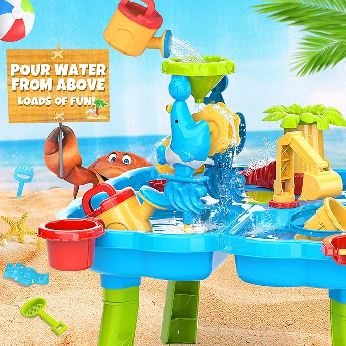 BELLOCHIDDO Water Table for Toddlers 1-3 - 4 in 1 Kids Play Water and Sand Outdoor Activity Sensory Playset with 12 Pcs Toys - Summer Beach Pool Backyard Garden Gifts for Boys Girls 1.5+ Years Old