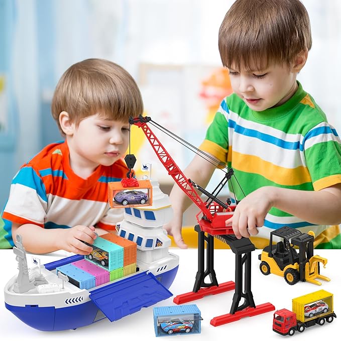 CUTE STONE 2-in-1 Toy Boat & Tower Crane Playset, Cargo Ship with Lights/Sounds | Push-Go Transport Ship & Construction Vehicle Toys, Interactive Carrier Boat for Kids Boys Girls