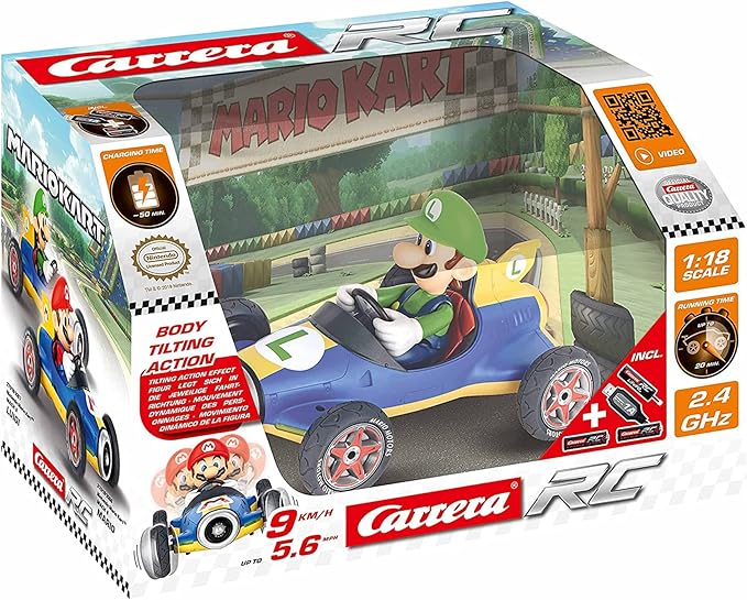 Carrera RC Official Licensed Mario Kart Mach 8 Luigi 1: 18 Scale 2.4 Ghz Remote Radio Control Car with Rechargeable Lifepo4 Battery - Kids Toys Boys/Girls, (Model: 181067)