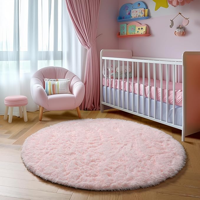 Amdrebio Light Pink Round Rug 4Ft for Girls Bedroom, Fluffy Circle Area Rugs for Kids Room Decor Aesthetic, Cute Shag Fuzzy Carpet for Nursery, Preppy Dorm, Classroom, Playroom, Teen, Baby, Washable
