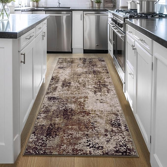 Runner Rug for Kitchen Coffee Hallways Runner Rug Non Slip 2'6''x8' Washable Brown Long Runner Rugs with Rubber Backing Soft Abstract Carpet Runner for Entryway, Kitchen, Bedroom, Bathroom