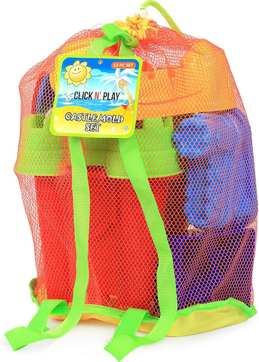 Click N' Play Toddler Beach Toys for Kids 3-10 - 13 Piece Sand Toys Including Sand Bucket, Watering Can, Rake, Shovel, 9 Sand Molds, and Mesh Beach Toy Bag - Beach Sandbox Toys for Toddlers & Kids