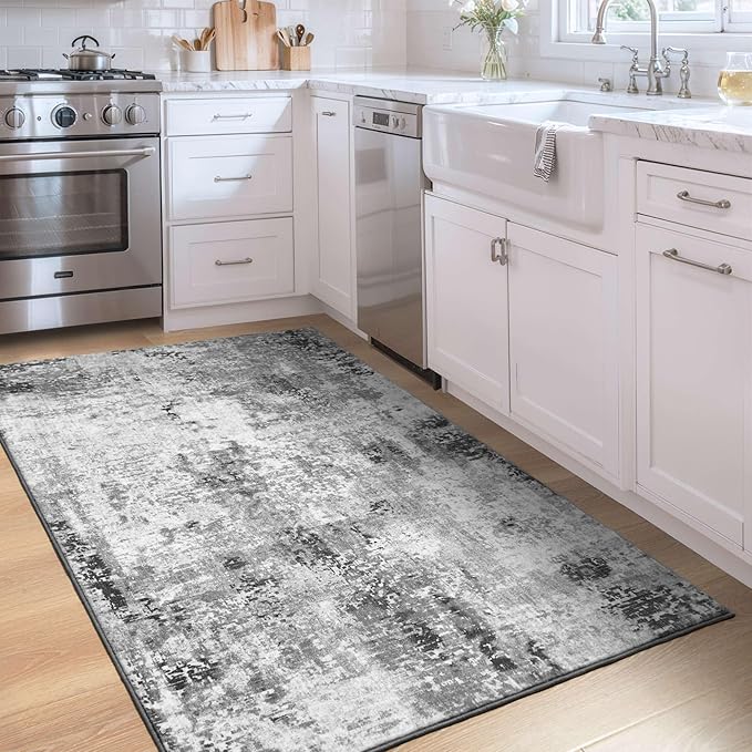 Entryway Rug 3x5 Grey Bedroom Area Rug Washable Non Slip Abstract Boho Rugs for Indoor Entry, Kitchen, Classroom, Bathroom, Kids Girls Room, Office, College Dorm Small Carpet